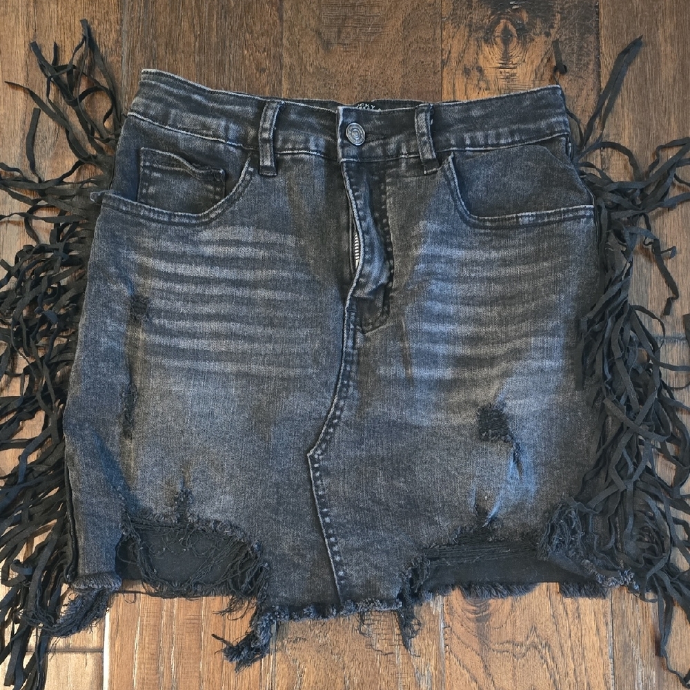 Lucky And Blessed Black Denim Distressed Skirt